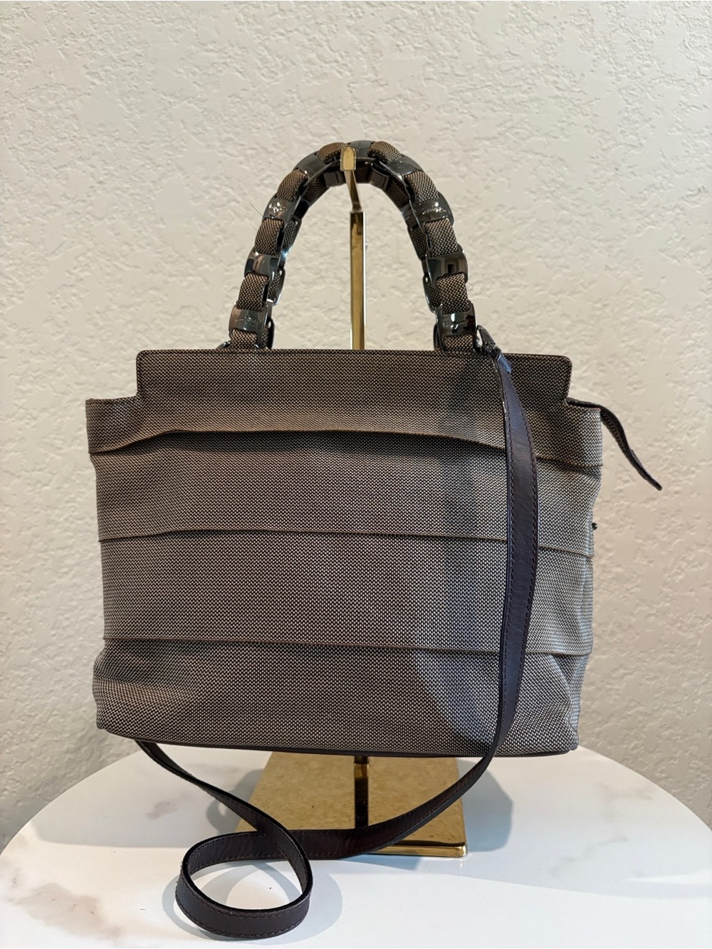 Salvatore Ferragamo Taupe Canvass Shoulder Bag